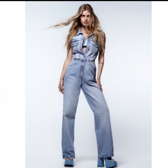 Zara Full Length Cut Out Denim Jumpsuit - Picture 5 of 9
